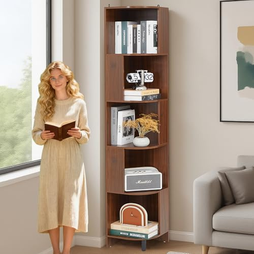 Regal Bücherregal Standregal Schmal 5 Ablagen, Eckregal Stehend Holz Büroregal, Regale Bookshelf Wohnzimmer 173x29x29 cm bis 150 kg, Lagerregal Offenes Shelves für Schlafzimmer Büro (Retro Braun)