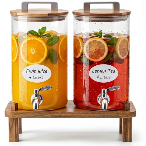 ‌MerryNine 2Stück 4 Liter Glas Getränkespender mit Holzständer, Borosilikatglas Wasserspender, mit Edelstahl-Wasserhahn für Heiß-/Kaltgetränke wie Limonade, Saft, Tee bei Partys und Events