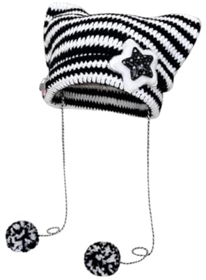 OIXEY 1 Stück Goth Beanie, Alternative Clothes, Fairy Grunge Beanie Y2K Katze Im Hut Gestreifte Gehäkelte Slouchy Mütze Winter Warm Gestrickte Alt Kopfbedeckung Accessoires,Goth Accessories
