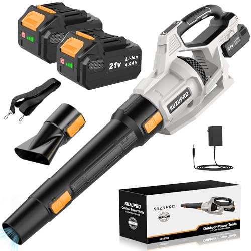 KUZUPRO Soffiatore a Batteria, 21V Soffiatore Foglie con 2 Batteria 4,0Ah, 3 Impostazioni di Velocità, 2 Tubi di Soffiaggio Staccabili, Cintura per Fango la Pulizia del Giardino