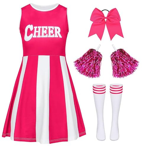 XFOZDM Costume da cheerleader per bambini e ragazze, da cheerleader, abito da cheerleading, uniforme, con elastico per capelli, pompon e calze, costume di carnevale, Halloween, feste, rosa, 160