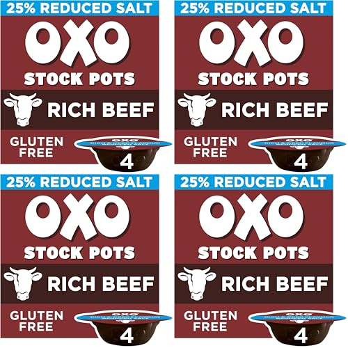 OXO Reduced Salt Beef Stock Pots, 80 g (4 x 20 g) | Rich Flavour with 25% Less Salt, Ideal for Gravy & Stews, Easy to Melt, Gluten-Free, Perfect for Winter Cooking