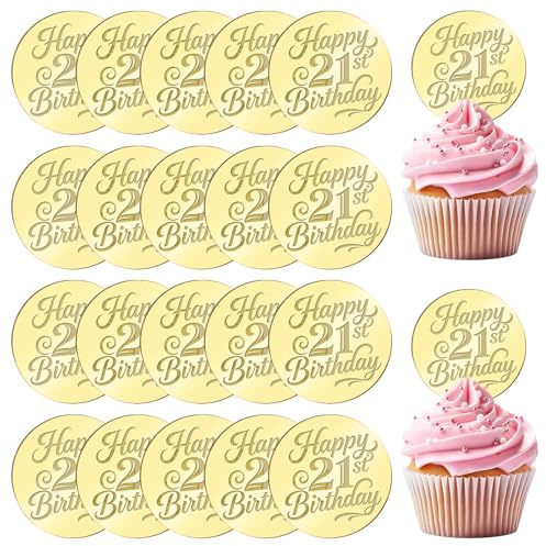 URROMA 20Pcs Round Cupcake Toppers, 21st Birthday Mirror Acrylic Cake Topper Birthday Cake Disc Chrams for DIY Craft Cake Decortion Birthday Party Supplies