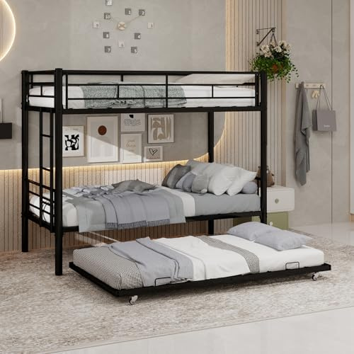odikalo Literas 3 Camas 90x200 cm con Cama extraíble 90x190 cm Incluidas Las Pastillas de Freno, Marco de Camas de Metal con Barreras de Seguridad, con somier de láminas, sin Colchón, Blanco