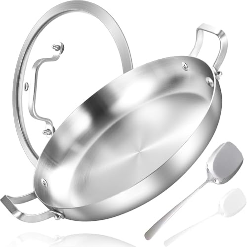 Inqibee 30 CM Stainless Steel Paella Pan with Lid | Dual Riveted Handles, Works on Induction Stovetops, Multipurpose Cooking Pan, Oven Safe Household Cookware
