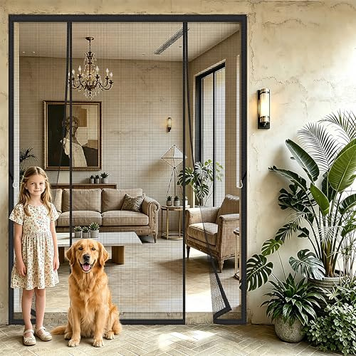 Mosquitera Puerta Corredera Doble Magnetica 250x220cm Diseño de doble apertura práctico y cómodo para un paso fácil de niños y mascotas para Puerta Corredera Patio Gran Tamaño Negro