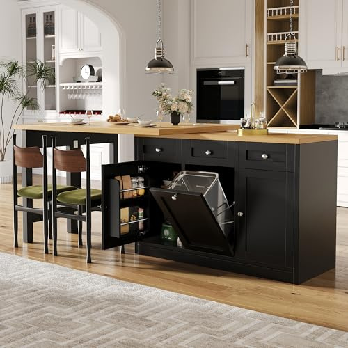 Wyibwy Isla de cocina, 120 – 200 × 40 × 75,5 cm, mesa de comedor extensible con cajones y porta aperitivos, mesa de bar plegable con 3 portacubos extraíbles (cubo no incluido) para cocina, negro