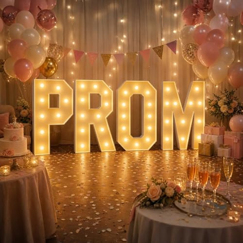 Letters PROM Light Up Mosaic Balloon Frame 4FT Marquee LED Pre-Cut Foam Board, Party Backdrop for Anniversary Graduation Decor, 120cm-4ft