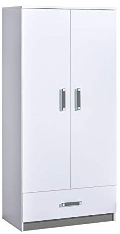 Furniture24 Kleiderschrank TRAFIKO 01, 2 Türiger Drehtürenschrank, Schrank mit Kleiderstange und Schublade für Jugendzimmer, Kinderzimmer (Weiß/Grau)