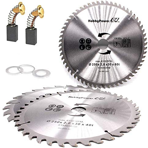3 Kreissägeblätter Sägeblatt Hartmetall für Holz 250 x 30mm 24, 40 und 60 Z Zähne + 3 Reduzierringe auf 24,4mm, 20mm und 16mm + Kohlebürsten für Güde Tischkreissäge GTK 2500 AL