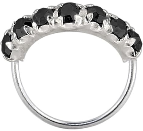 MONSTER PIERCING Aro de nariz continuo de plata de ley 925 con 7 piedras de cristal pavimentadas de calibre 22, color negro, Cristal, piedra preciosa, plata de ley, piedra