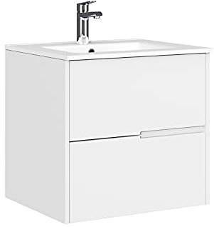 Baikal Mobile da bagno Gavin, 2 cassetti, sospeso a parete, include lavabo in ceramica, varie finiture, consegnato montato, senza specchio, 70 cm, bianco