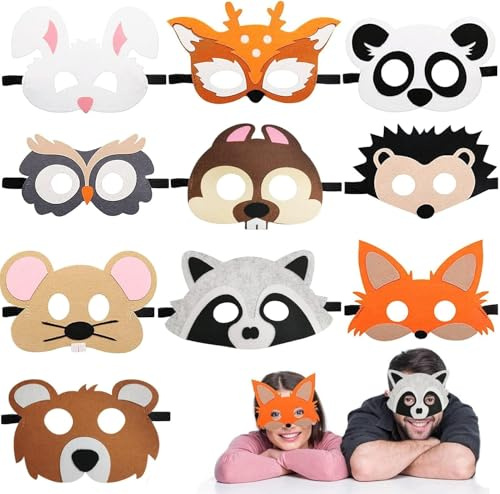 10 Stück Tiermasken Filz, Halbmasken für Kinder, Augenmaske für Geburtstag, Cosplay Masken zum Ausmalen, für Halloween, Weihnachten und Maskerade