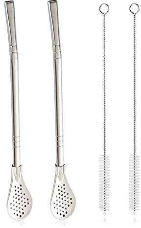 Fatiya Yerba Mate Bombilla Strohhalm-Filterlöffel aus Edelstahl mit 2 Reinigungsbürsten, wiederverwendbar, Metall-Strohlöffel, Cocktail-Rührer zum Trinken von losem Tee, Eiskaffee, Silber, 2 Stück