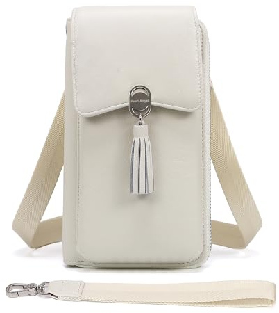 Pearl Angeli Kleine Umhängetaschen Damen, Leder Handytasche | RFID-Blockierung Handy Wallet, Crossbody Bag mit Verstellbar Schultergurt und Abnehmbar Armband, Tassel