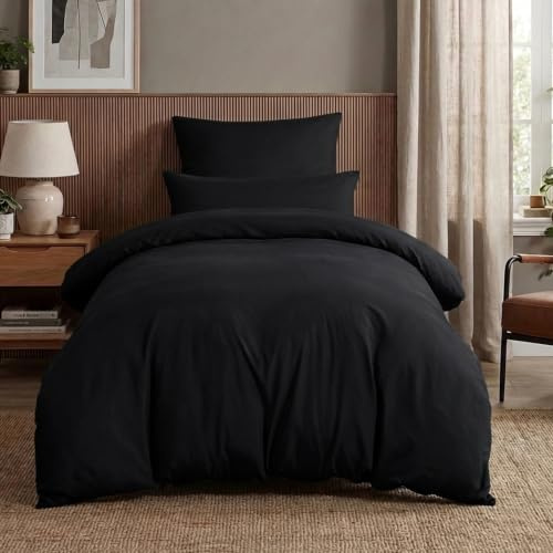 Aisbo Bettwäsche 155x220 2teilig Schwarz - Mikrofaser Bettwäsche-Sets mit Reißverschluss, ÖKO-TEX Bettbezug 155x220 cm 2tlg mit Kissenbezug 80x80 cm, Weich und Bügelfrei
