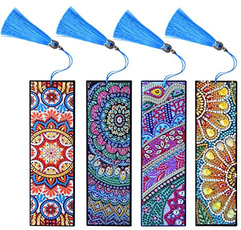 Fanshiontide 4 Stück Diamant Malerei Lesezeichen, 5D DIY Mandala Diamond Painting Lesezeichen, Stickerei Malerei nach Zahlen Kit für Student Graduierung Geburtstag Geschenk und Seite Markierung