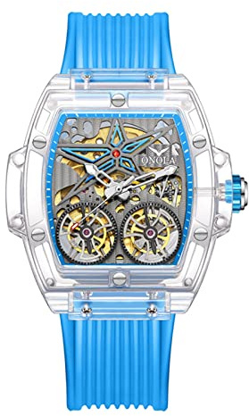 Herren-Armbanduhr, mechanisch, automatisch, Skelett, Tonneau-Form, großes Zifferblatt, modische Armbanduhr für Herren, Business-Kleid, Silikonband, blau, Riemen