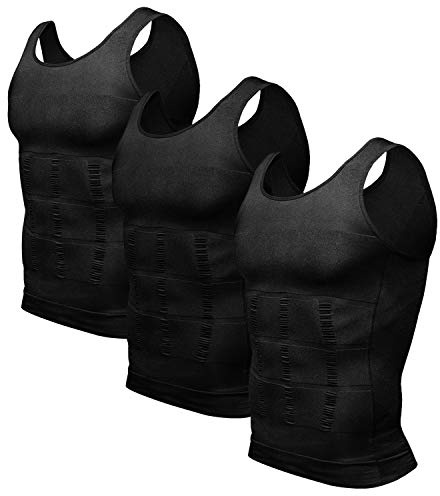 Odoland Compression Vest Men 3 Pack Slimming Vest Body Shaper Compression Shirt, Black*3, XXL