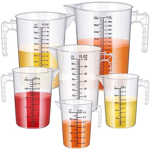 Xuhal 6 Pieces Plastic Measuring Pitcher 6 Sizes Mixing Pitcher Measuring Cups Measure Containers Measuring Jug with Handle and Spout for Water, Flour, Rice, Coffee, Wine, Milk, Sugar