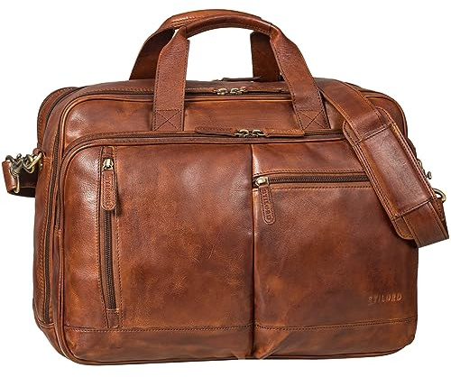 STILORD Arnold Geräumige Laptoptasche Leder 17.3 Zoll bis 19 Zoll Vintage Aktentasche Lehrertasche XXL Echtleder Große Arbeitstasche für Damen und Herren Farbe:brandy - cognac