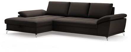 Cavadore Eckcouch Castiel mit Federkern / Ecksofa mit großem Longchair, Sitztiefenverstellung und mattschwarzen Metallfüßen / 301 x 89 x 176 / Echtleder, Dunkelbraun