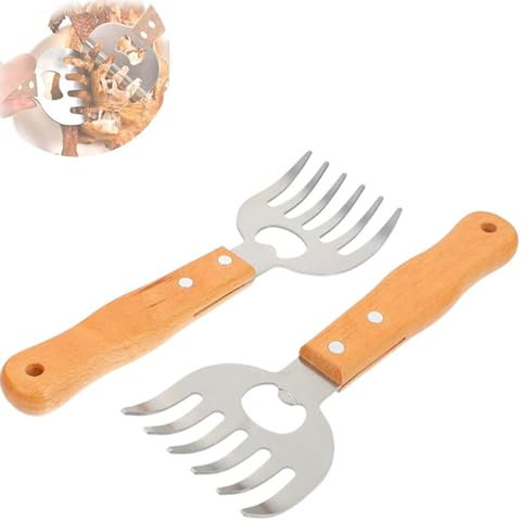 Qplcdg Pulled Pork Krallen mit langem Holzgriff,2er Edelstahl Fleischkrallen Fleischgabeln,Meat BBQ Claws Set für Pork,Chicken,Beef,Mix-Salate