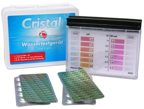 Cristal Wassertestgerät Chlor & pH für die schnelle Wasseranalyse - Chlor DPD 1 - pH-Wert Phenol Red - Manueller Pooltester mit 6 Skalenwerten - Schnell und unkompliziert inkl. Testtabletten