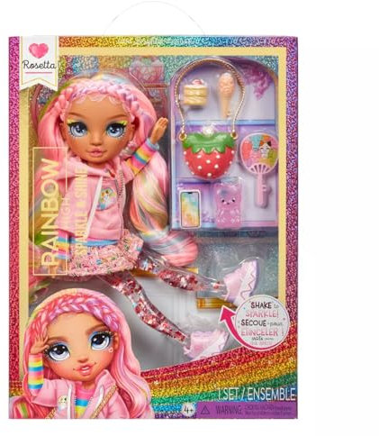 Rainbow High Sparkle and Shine - Rosetta (rosa) - Bambola fashion da 28 cm con scintille liquide nelle gambe, scuotere per vederle brillare Età 4-12 anni