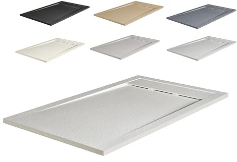 NEBADOON | Plato de Ducha de Modelo Venecia – Plato Ducha Resina con Textura Pizarra - Antideslizante y Antibacteriano – Blanco (RAL 9003) 70x100 cm – Incluye Válvula Desagüe y Rejilla