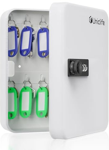 Uniclife Armario para 20 Llaves con Cerradura de Combinación Reseteable - Caja de Seguridad Digital Blanco - Organizador de Acero con Etiquetas Adhesivas de Colores y Ganchos