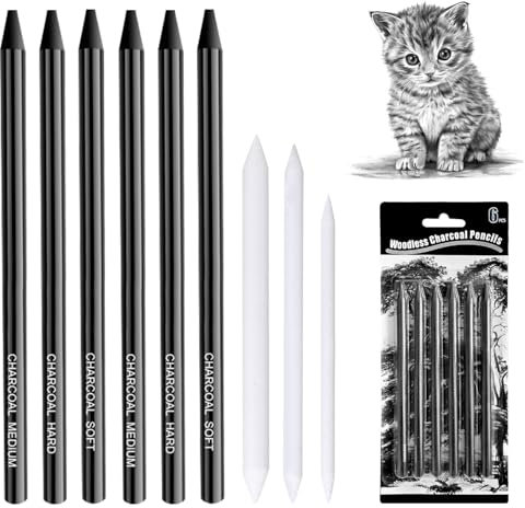 HFDONGL 6 Stück Kohlestifte zum Zeichnen Zeichenkohle Professionelle Kohlestift mit 3 Papierwischer Zeichnen Zubehör für Malen Skizzieren Entwerfen Kunst (2 Soft+2 Medium+2 Hard)