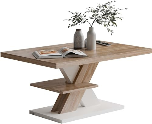 CASARIA® Mesa de Centro Repisa de Almacenaje Madera Resistente a Rasguños Mesa Auxiliar Rectangular Moderna Soporta 50kg Salón Sofá Detroit 90x60cm Blanco Roble