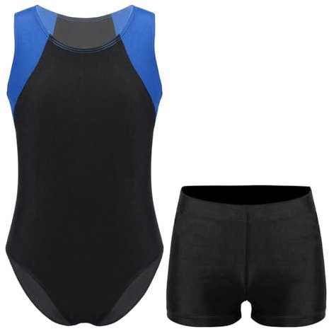 Alvivi Kinder Ballettanzug Ballett Trikot Turn-Leotards Ärmellos Body mit Shorts Jungen Turnanzug Gymnastikanzug Yoga Training Sportwear Royal Blau&Schwarz 134-140