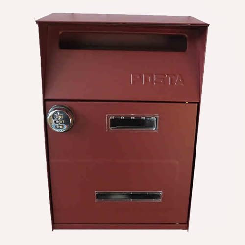 YCXJB Briefkasten mit Zahlenschloss, Großer, Wandmontierter, Abschließbarer Sicherheitsbriefkasten, Verzinktes Blech, 33 x 21 x 9 cm(Red)