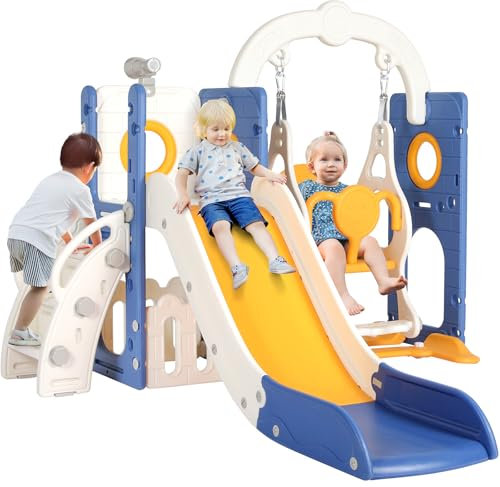 Schaukel Rutsche, 5-in-1 Kinderrutsche mit Schaukel, Klettergerüst,Teleskop, Aufbewahrung, Indoor und Outdoor Freistehende Rutsche, Spielplatz für Kleinkinder, für Max 60KG ab 1-6 Jahre, 2PCS Moduls