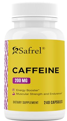 Safrel Caffeine Pills 200mg, 240 Capsules - Gluten Free, Non-GMO