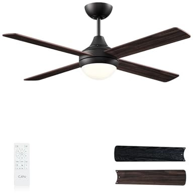 CJOY Ventilateur Plafond avec Telecommande, 122 cm Ventilateur Plafond avec Lumiere Bois, Silencieux Réversibles CC, 6 Vitesses, Mémoire 3 CCT Dimmable, Minuterie, Veille Mode, Bicolore 4 Pale