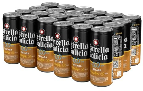 Estrella Galicia 0,0 - Tostada Sin Gluten, Cerveza, 24 Latas x 33 cl | Lager Tostada, Sin Alcohol, Sin Gluten, Aroma a Galleta y Pan, Apta Celíacos, 0% Volumen de Alcohol
