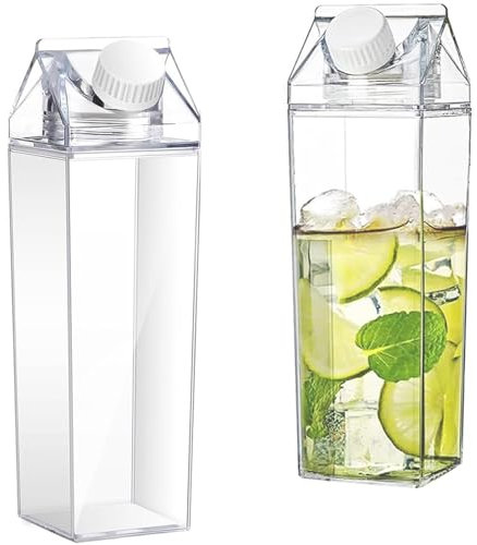2 Pezzi Bottiglia D'acqua Trasparente, 1000 ml Bottiglia D'acqua in Cartone di Latte, Riutilizzabile Bottiglia di Latte Quadrata, Borraccia Trasparente ad Alta Capacità, per Picnic, Campeggio