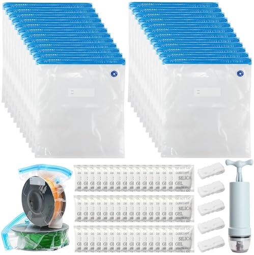 YOUNGSAY 24 Stk Vakuumbeutel Filament, 34 x 30cm Wiederverwendbare Filament Vakuumbeutel mit 48 Trockenmittelbeutel, 1 Handpumpe und 5 Dichtungsclips für PLA ABS PETG TPU