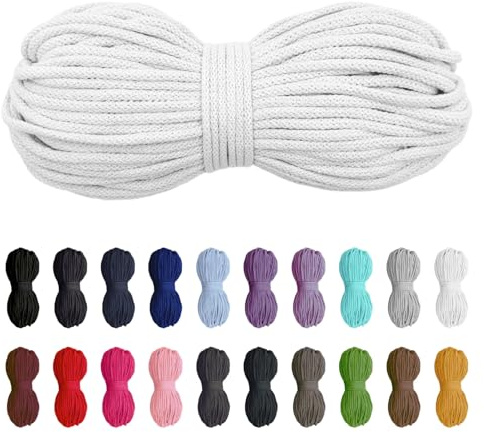 Slantastoffe 50 Meter Baumwollkordel 5mm, Baumwollschnur, Kordel, Seil, Turnbeutel, 21 Farben (Weiß)