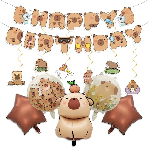 Capybara Birthday Decorations, Capybara Birthday Banner with Aluminium Party Balloons and Hanging Swirls, Animal Party Decorations for Celebrations