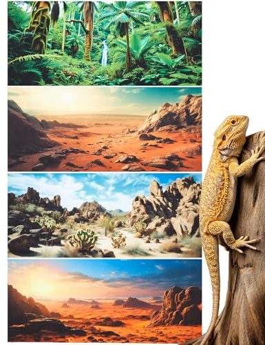 Breling 4 Pcs 18 x 36 Inch Reptile Habitat Background with Nano Glue Gobi Sun Cactus Stone and Green Tree Fern Stream Terrarium Background Polyester Durable Aquarium Accessories