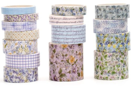 Songdao Floral Washi-tejp-set – 15 rullar blomkonst självhäftande tejp blommor trädgård dekorativ maskeringstejp set för hantverk, barn, klippbok, gör-det-själv, presentförpackning (3 lavendelfält)