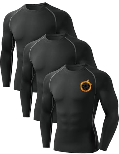 Orrfreer 3 Pack Men's Thermal Long Sleeve Top Fleece Lined Thermal Underwear Quick Dry Compression Base Layer for Football Running,Moisture Wicking Breathable Muscle Support 3 Black L