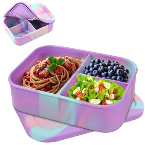 QINGZY Fiambrera de silicona con 3 compartimentos 1200ml, sin BPA, hermética y resistente, apta para microondas y lavavajillas, ideal para escuela, picnic y almuerzo diario