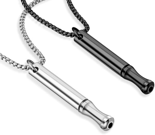 Seefey 2 Pièces Collier de Respiration,Acier Inoxydable Sifflet,pour Hommes Femmes,Décompression et Calme(Noir + Argent)