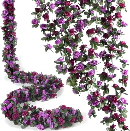 3 Pcs 8FT Artificial Hanging Rose Garland Silk Flower Vines for Wedding, Anniversary, Christmas, Home and Garden Decor (Purple)