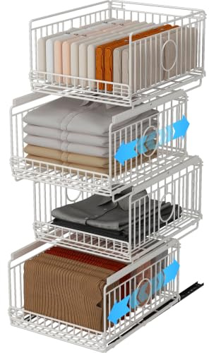 Ornestia Kleiderschrank Organizer, 4 Stück Metall Aufbewahrungsbox, Weiß | Ausziehbar & Stapelbar, Schubladen Aufbewahrung für Kleidung, Küche, Waschküche, Spielzeug, Kein Bohren